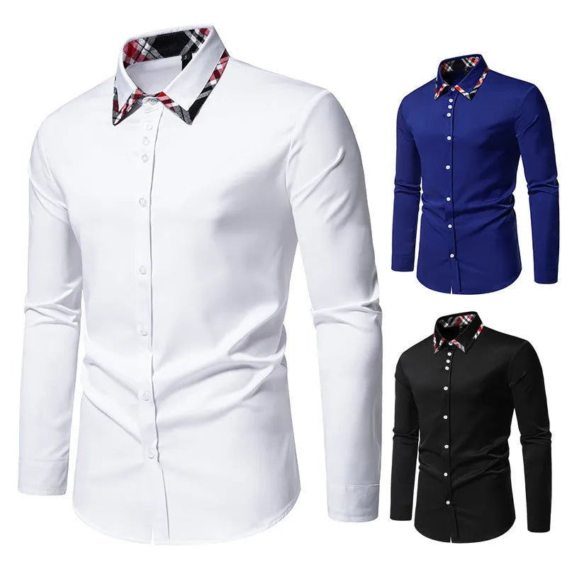 Men's plaid contrast colour triangle collar long sleeve shirt in blue, black, and white options