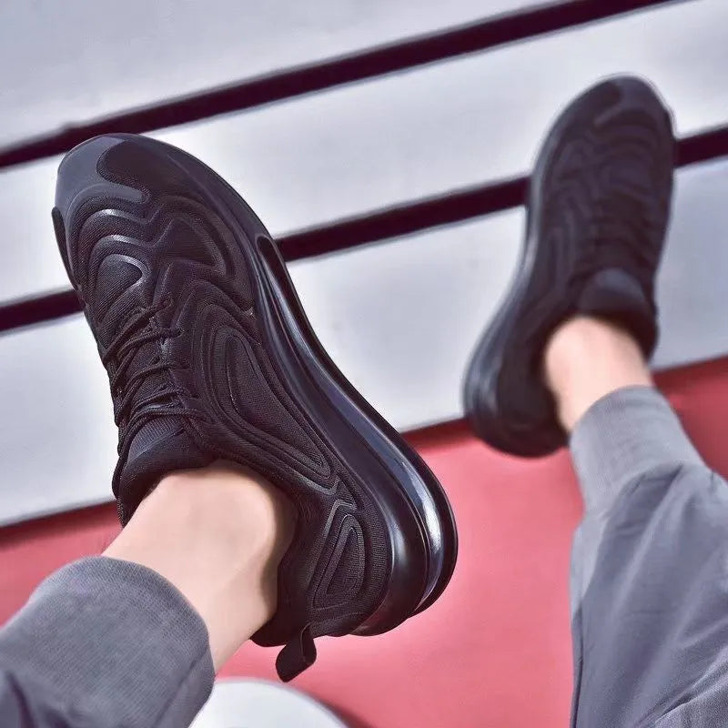 Men's black casual sneakers with lace-up front and air cushion design
