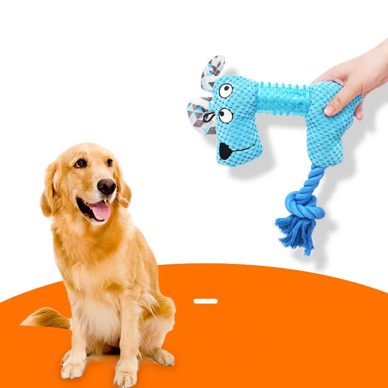 Blue TPR corn kernel dog toy in Fox shape with attached cotton rope tail