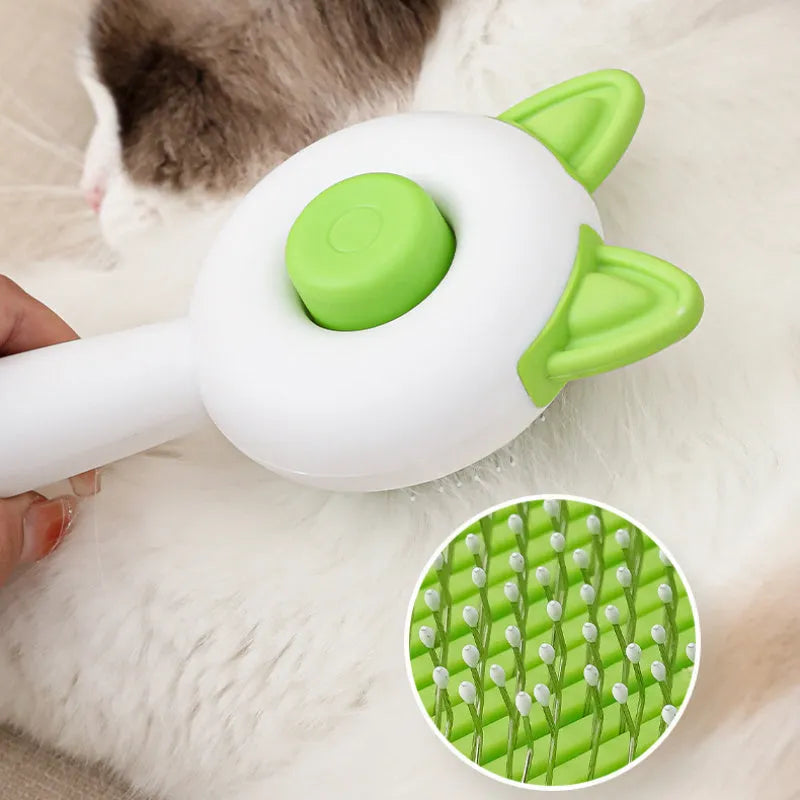 Self-cleaning pet grooming brush with stainless steel comb teeth in greenish white and orange white colour options
