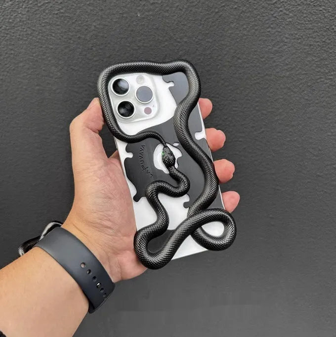 Black tailed snake hollowed decorative phone case for iPhone 16 Pro Max with stone pattern finish