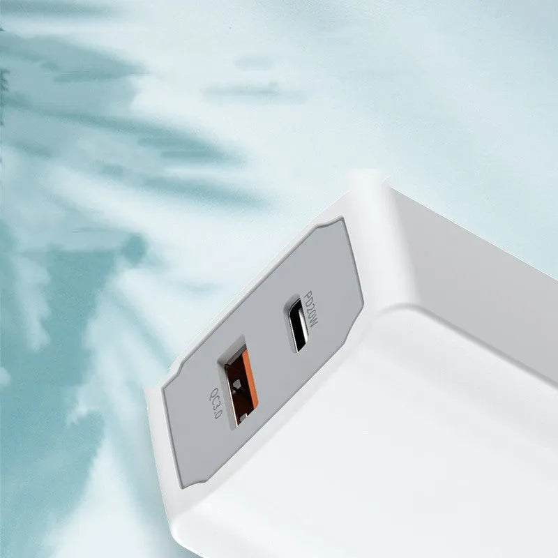 White European standard phone fast charger set with 42x23x85mm dimensions