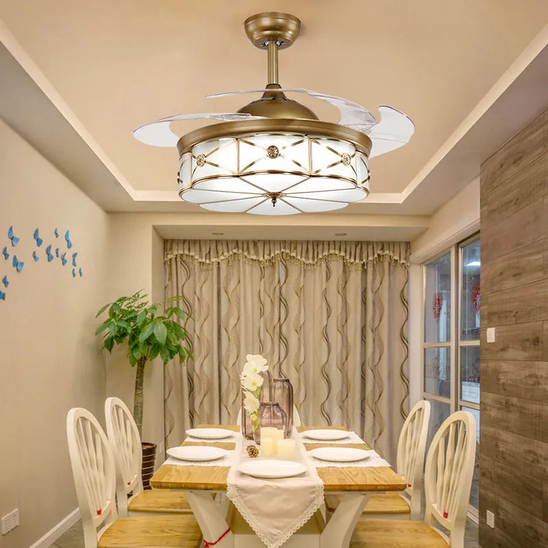 Gold ceiling fan light with invisible blades and remote control, 42-inch diameter with LED lighting