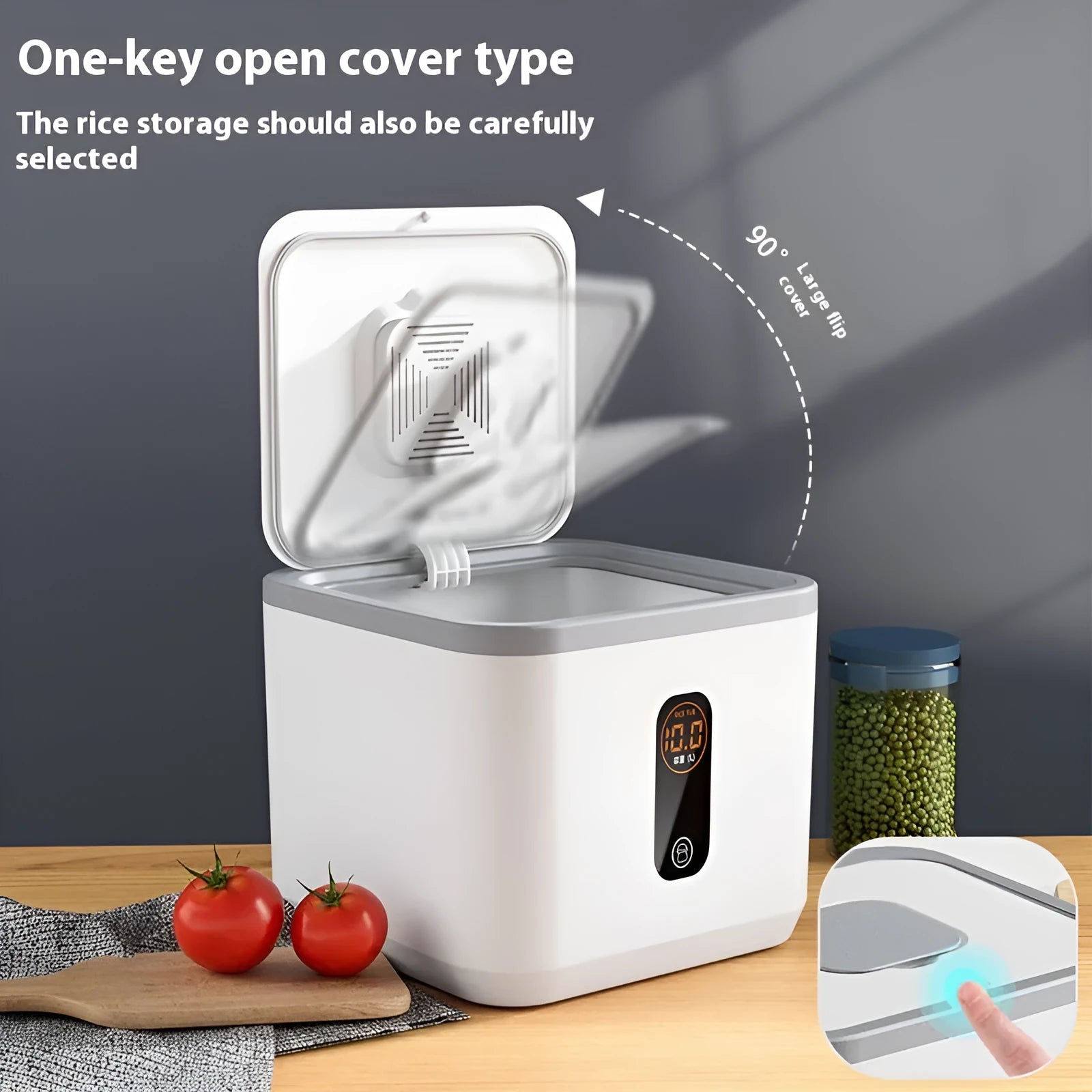 Grey plastic household rice storage jar with a measuring cup, shown in 10kg, 20kg, and 30kg size options.