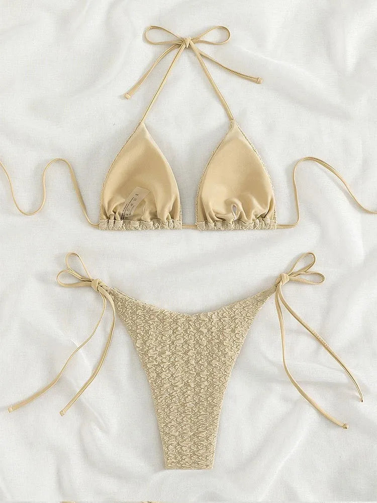 Women's high waist bikini swimsuit with side lace-up detail, shown in khaki colour.