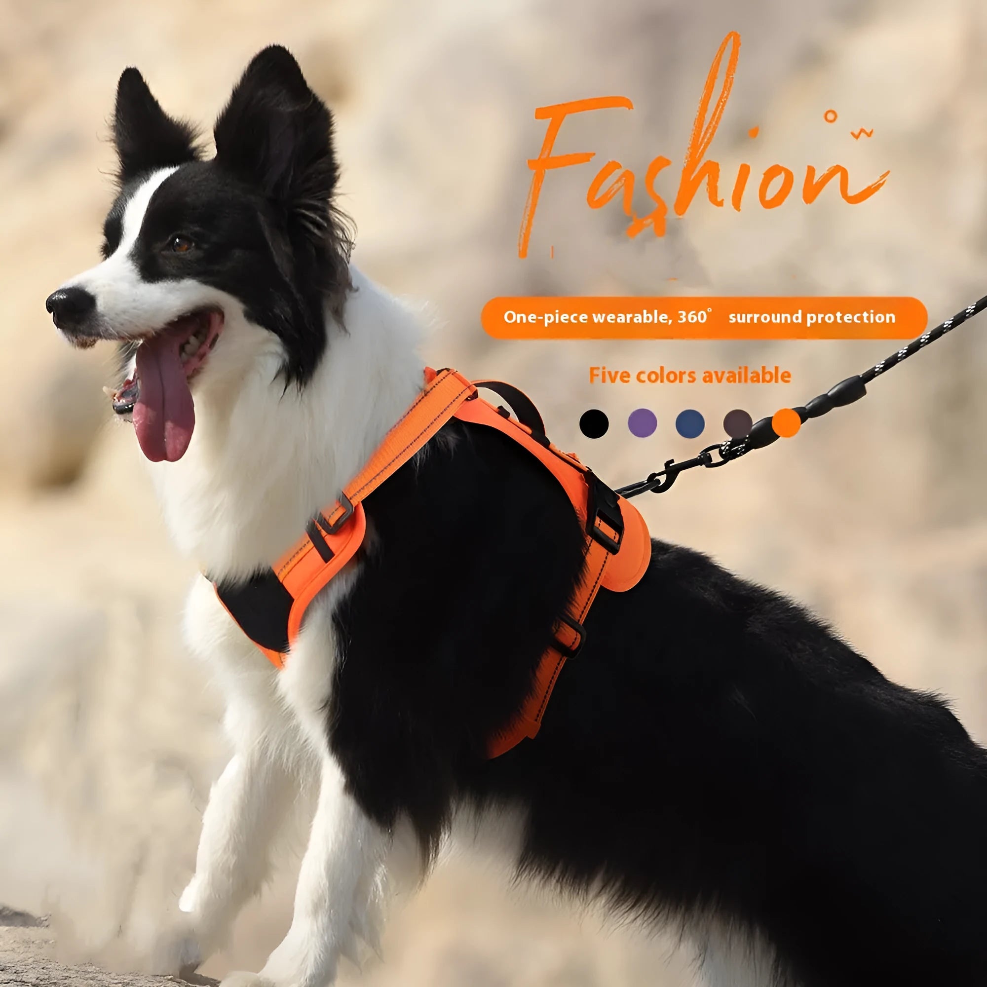 Orange reflective dog vest harness with explosion-proof leash attached, shown on a medium-sized dog.