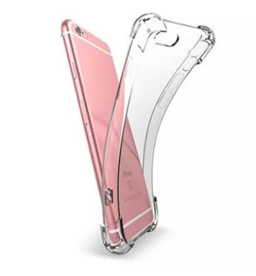 Clear transparent TPU shockproof back cover case for iPhone on a table.