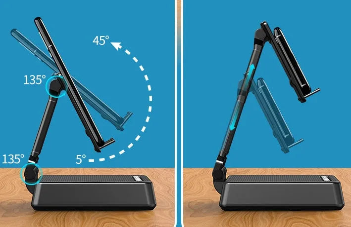 Black mobile phone broadcaster stand with integrated Bluetooth speaker and HD microphone on a desk.