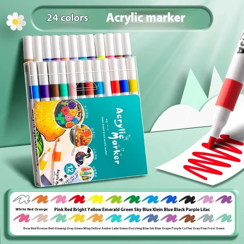 Box of acrylic marker pens for student painting with true colour ink in multicolour plastic barrels