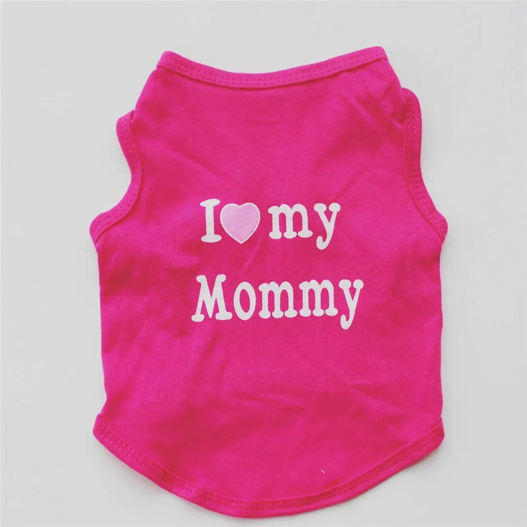 Pet puppy vest in pink with Love Mom text, polyester casual coat