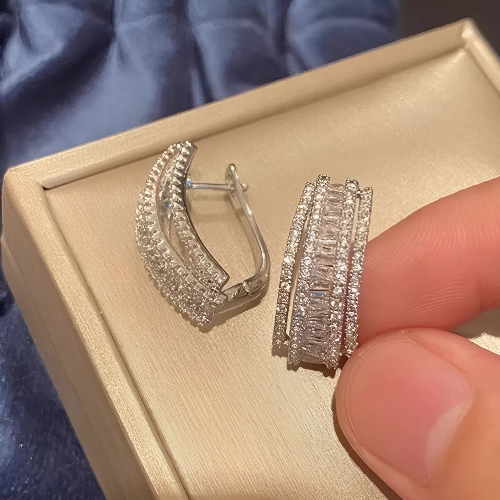 Geometric white gold colour stud earrings with zircon inlaid detailing for women