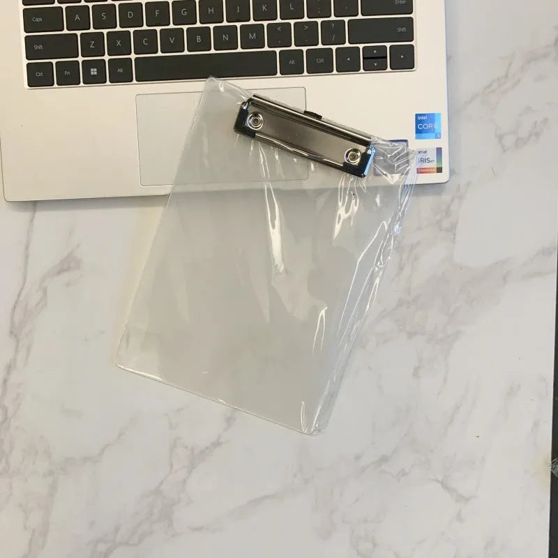 Transparent A4 plate holder with metal clip in blue, green, red, and white colour options
