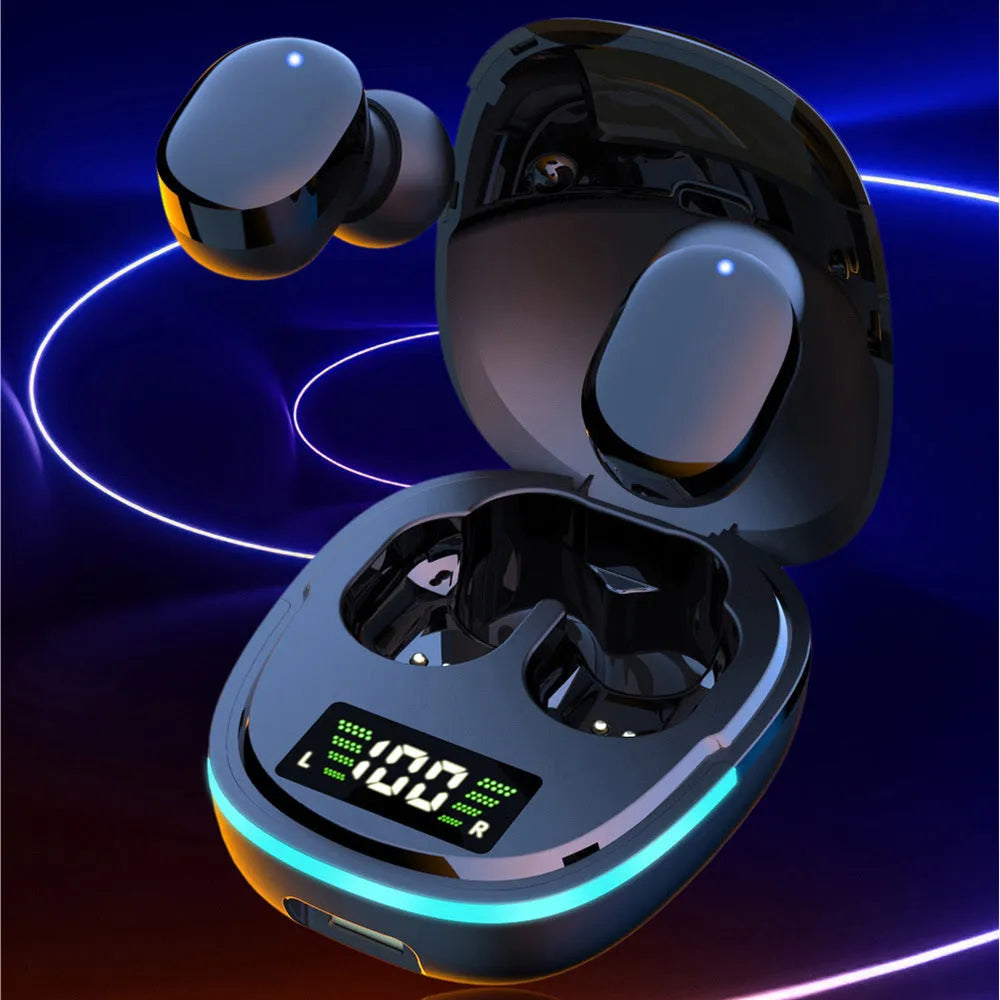Black true wireless Bluetooth in-ear headphones with charging case showing earpieces and USB cable