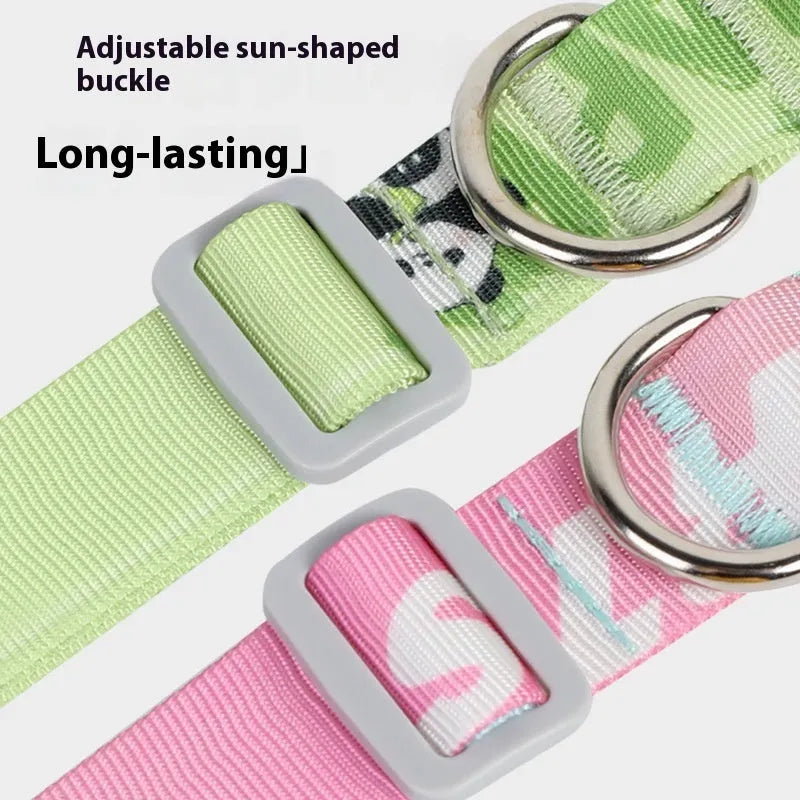 Adjustable nylon dog collar with cartoon gradient pattern in panda green colour, shown in S M L sizes