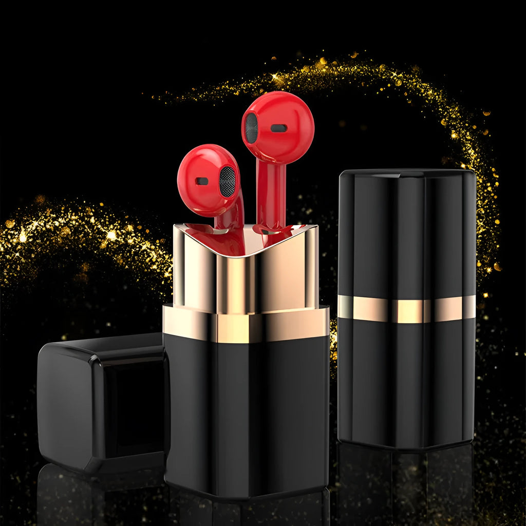 Lipstick-style wireless Bluetooth earphones with charging case in black, pink, purple, or white colours