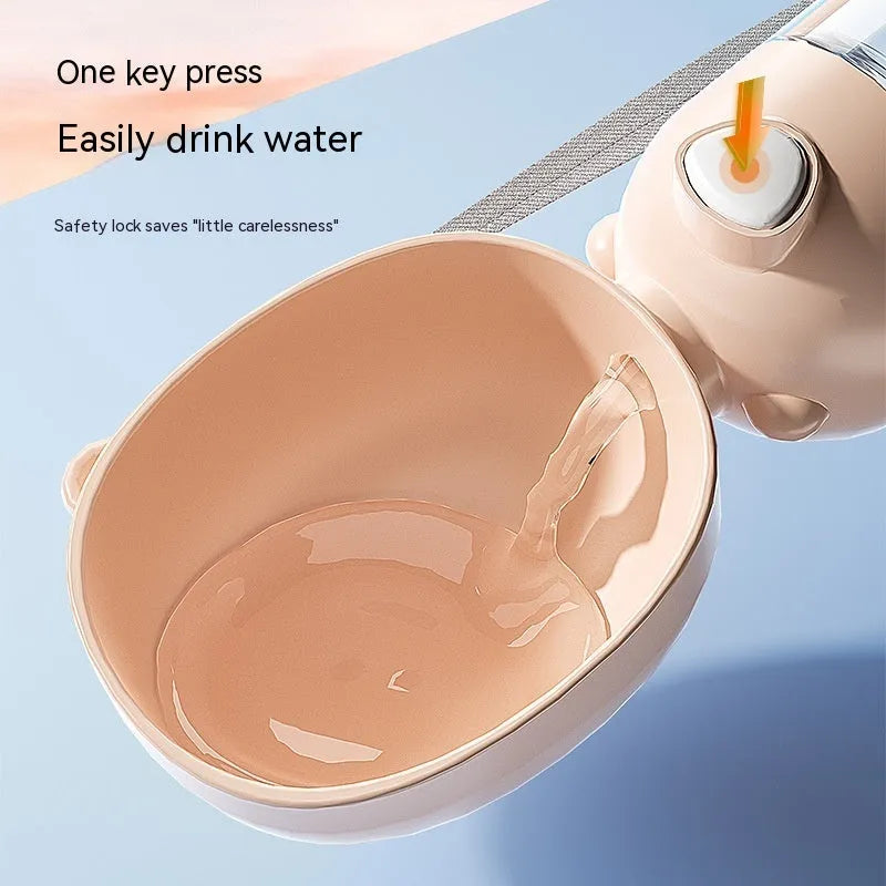 Portable dog water bottle with integrated food container in brown, pink and yellow colour options