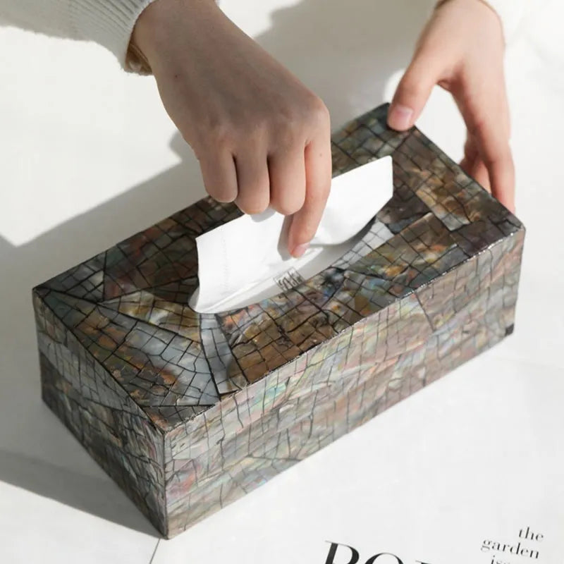 Natural shell tissue box storage in black with modern minimalist design, showing rectangular and square options