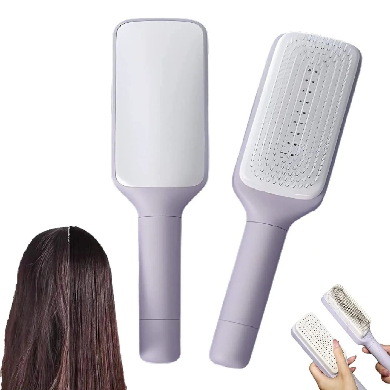 Roland purple self-cleaning hair brush with ergonomic handle showing rotating mechanism.