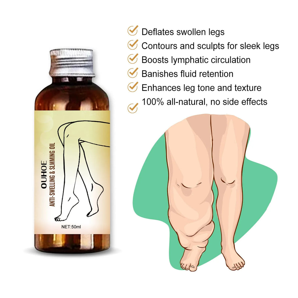 50ml bottle of moisturising body care essential oil with six botanical extracts for leg massage