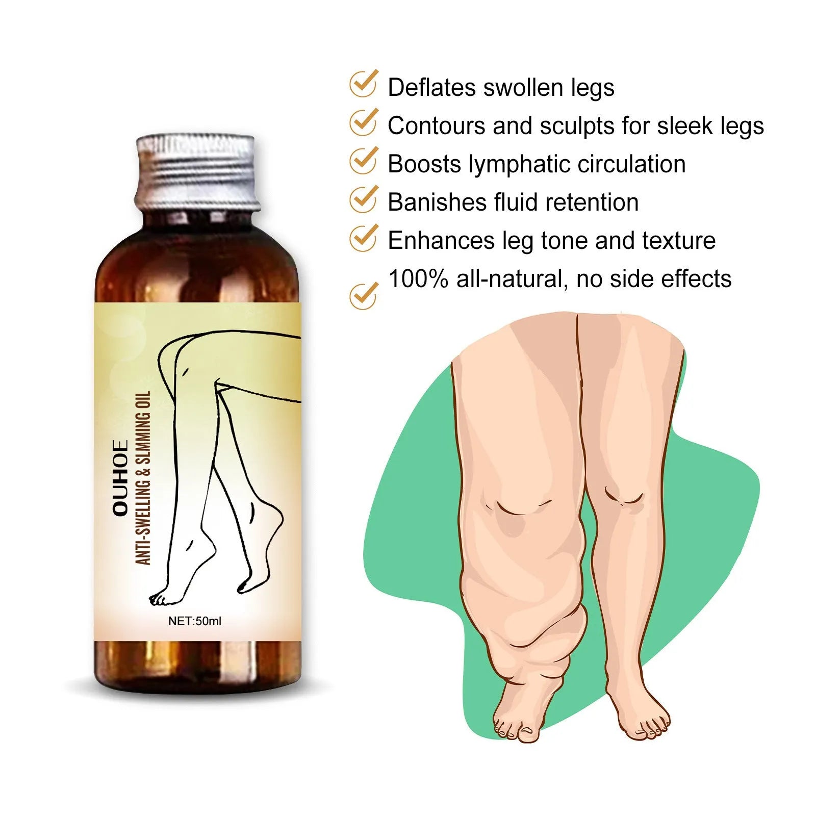 50ml bottle of moisturising body care essential oil with six botanical extracts for leg massage