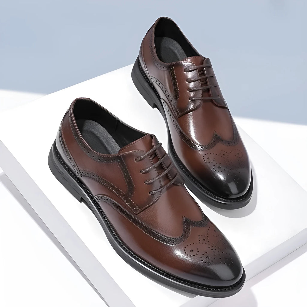 Men's black and brown brogue shoes with business styling and PU leather uppers