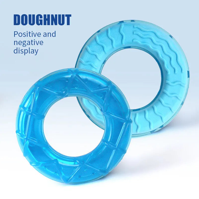 Three silicone dog cooling toys: pacifier, popsicle and ring shapes for summer heat relief