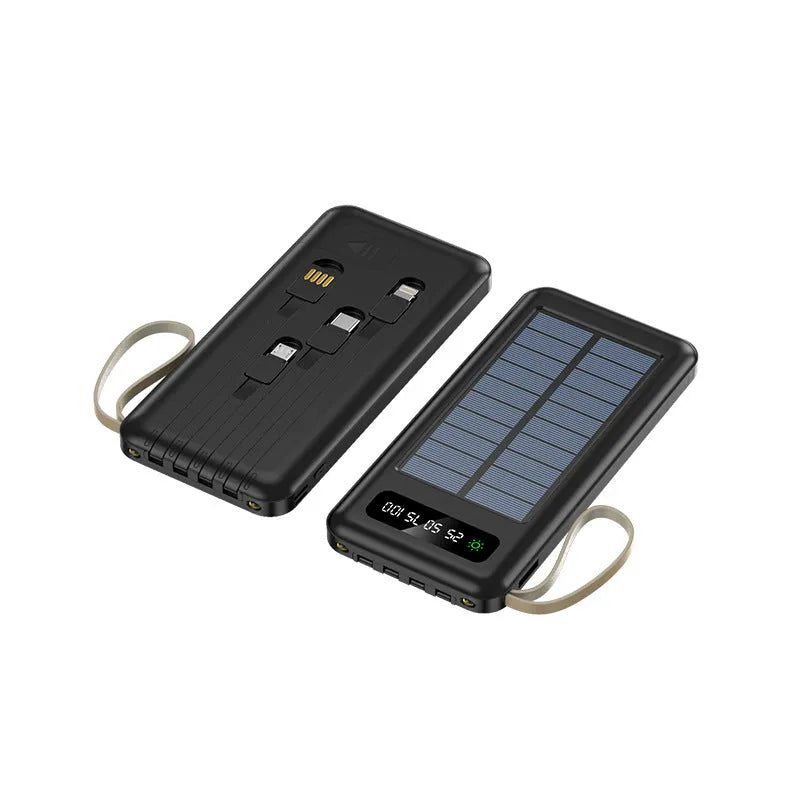 Cool black and ivory white solar power bank showing front display and solar panel surface.