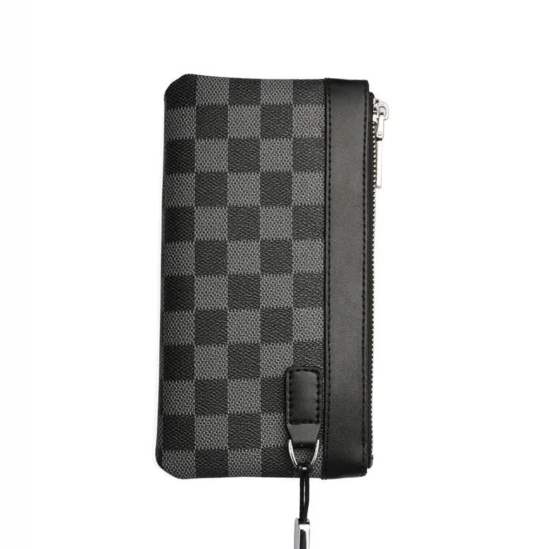 Black men's leather clutch wallet made from genuine cowhide measuring 20 by 10 centimetres