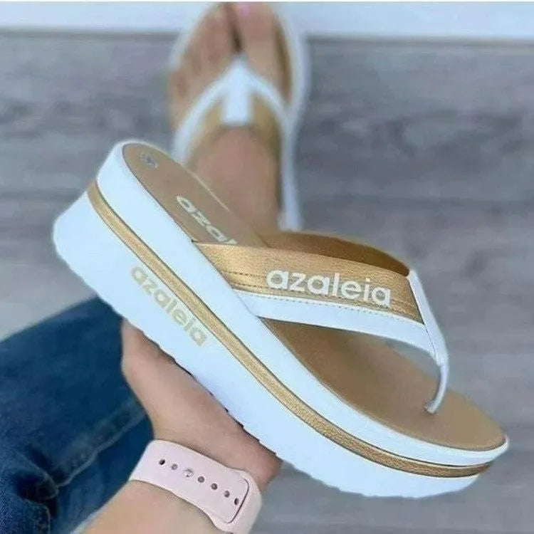 Women's summer platform slippers in black, champagne or light green with herringbone toe holder design
