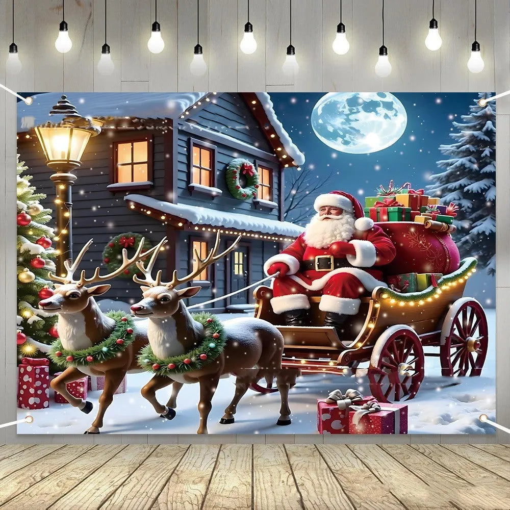 Large rectangular Santa Claus Christmas banner with night scene and gifts on red polyester fabric.