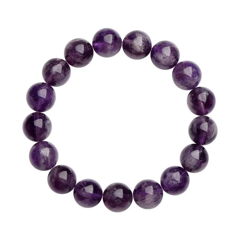 Natural purple Snow Mountain feather amethyst crystal bracelet with scattered geometry beads and Ruyi element.