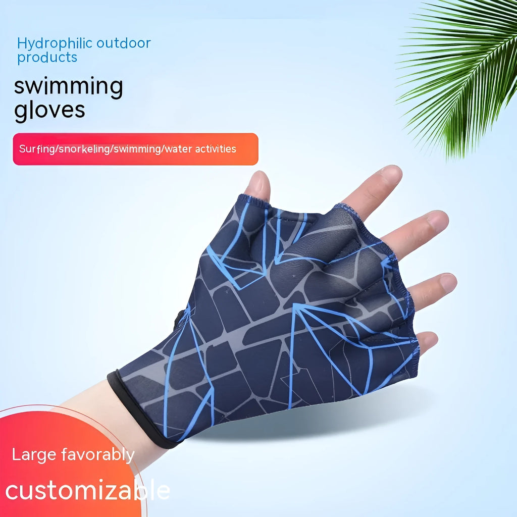 Duck feet webbed swimming gloves in multiple colour prints including green, rose, navy blue, orange, and grey orange.