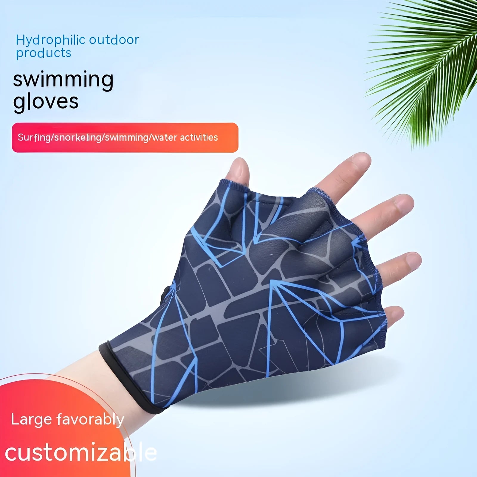 Duck feet webbed swimming gloves in multiple colour prints including green, rose, navy blue, orange, and grey orange.