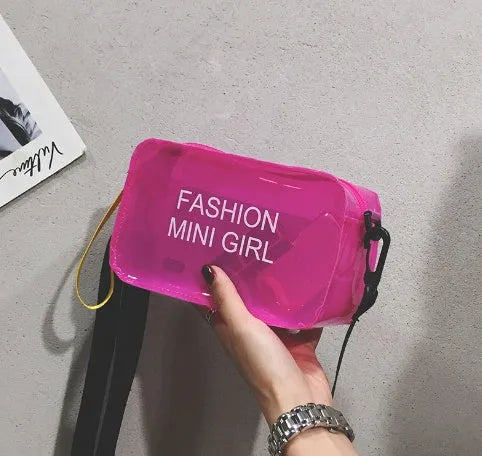 Transparent square jelly shoulder bag with adjustable strap showing internal mobile phone compartment