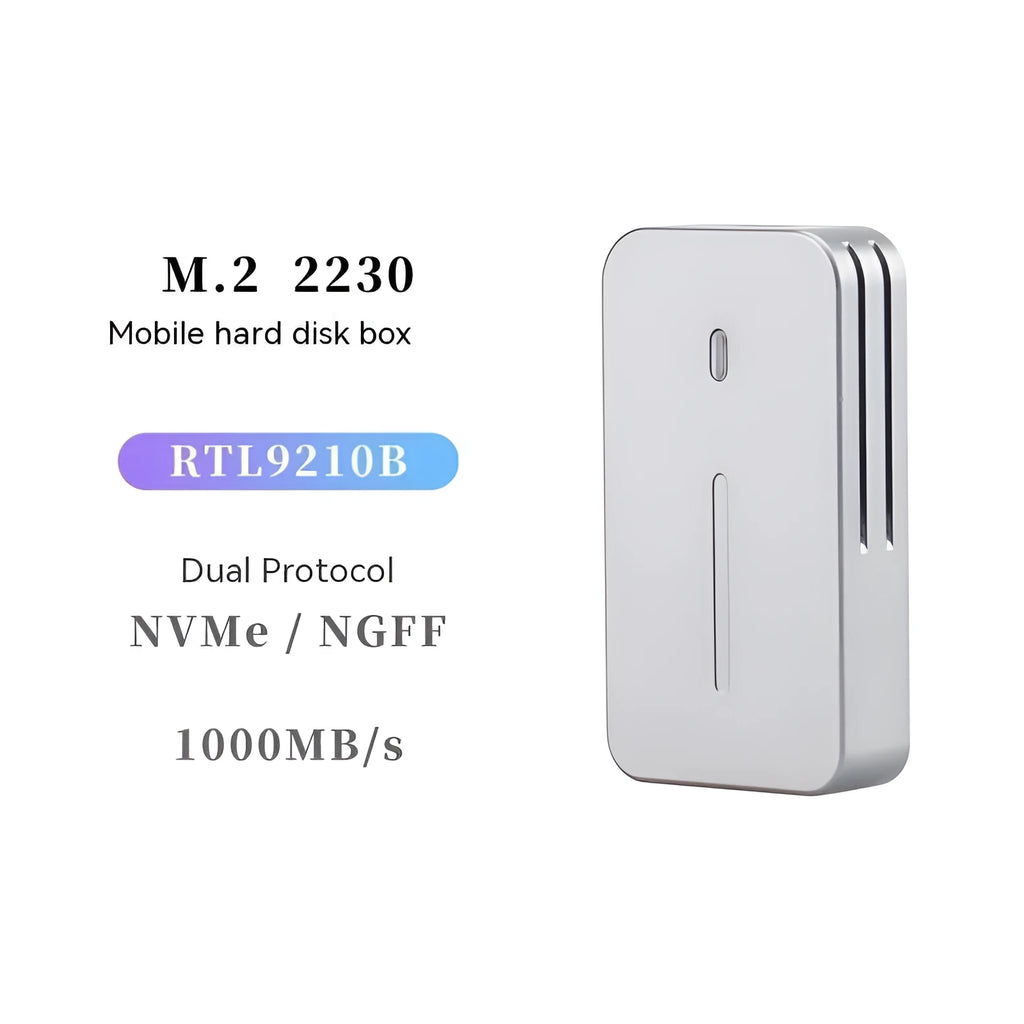 Silver aluminium alloy M.2 SSD enclosure measuring 5.2cm with dual protocol support