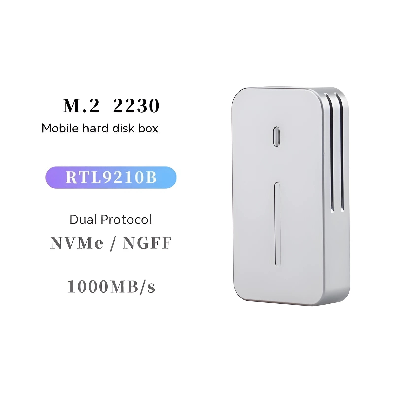 Silver aluminium alloy M.2 SSD enclosure measuring 5.2cm with dual protocol support