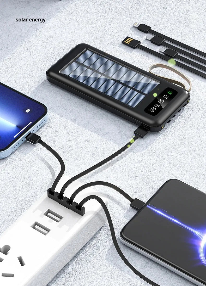Cool black and ivory white solar power bank showing front display and solar panel surface.