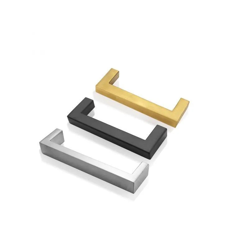 Stainless steel square pipe cabinet handle with a brushed finish, shown next to a size specification chart.