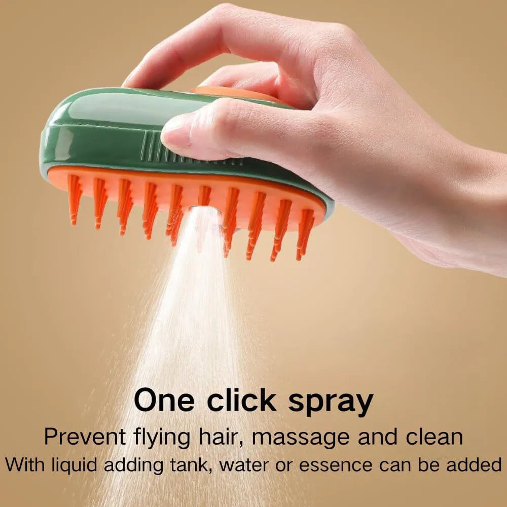 Green and white 3 in 1 cat steam brush with water spray, silicone teeth, showing 11cm size