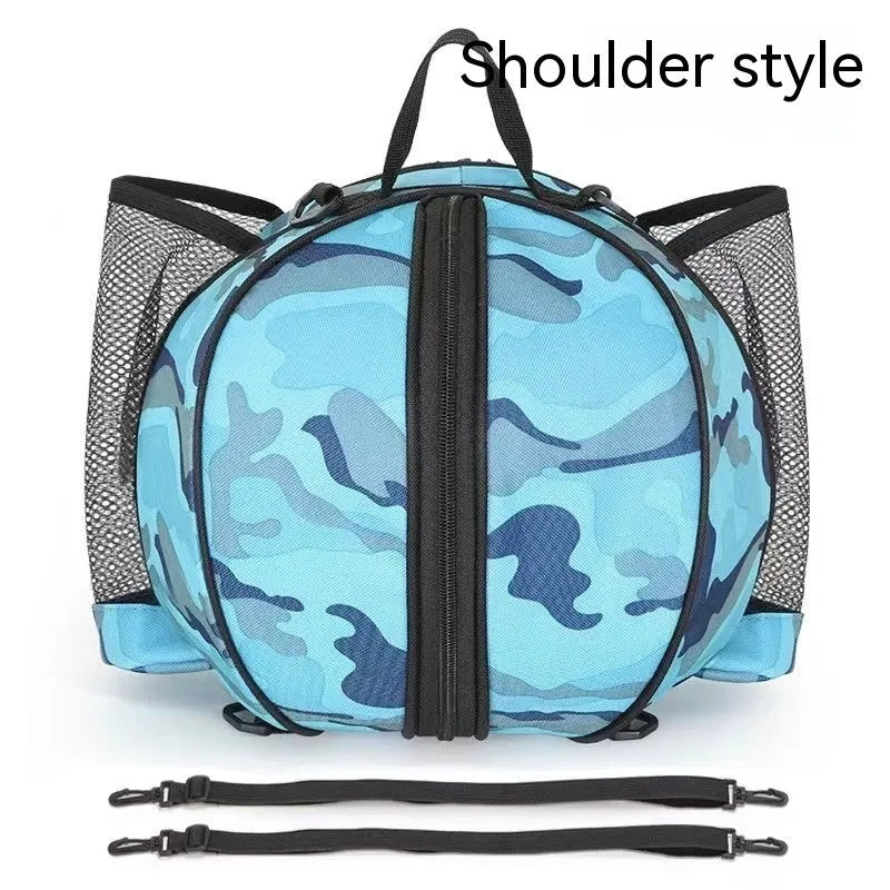 Black Oxford cloth basketball bag with one shoulder strap, shown next to a basketball.