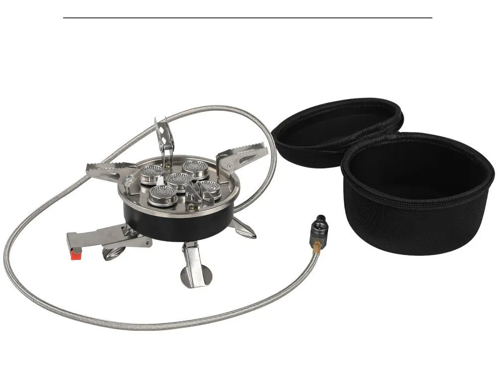 Silver stainless steel portable split camping stove with 100cm hose, folded to 155x125mm
