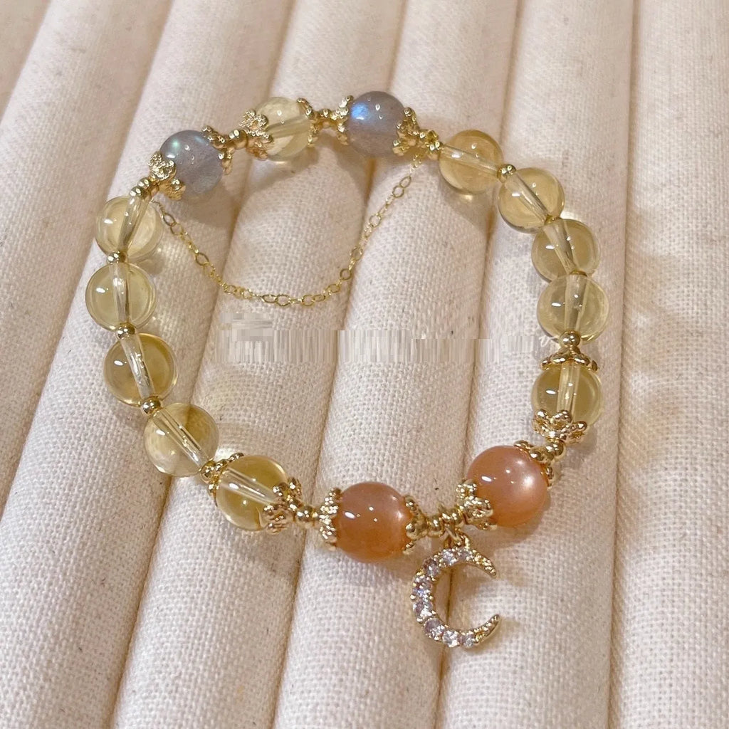 14K gold electroplated crystal bracelet with citrine moon stone and diamond-shaped charms in Chinese style