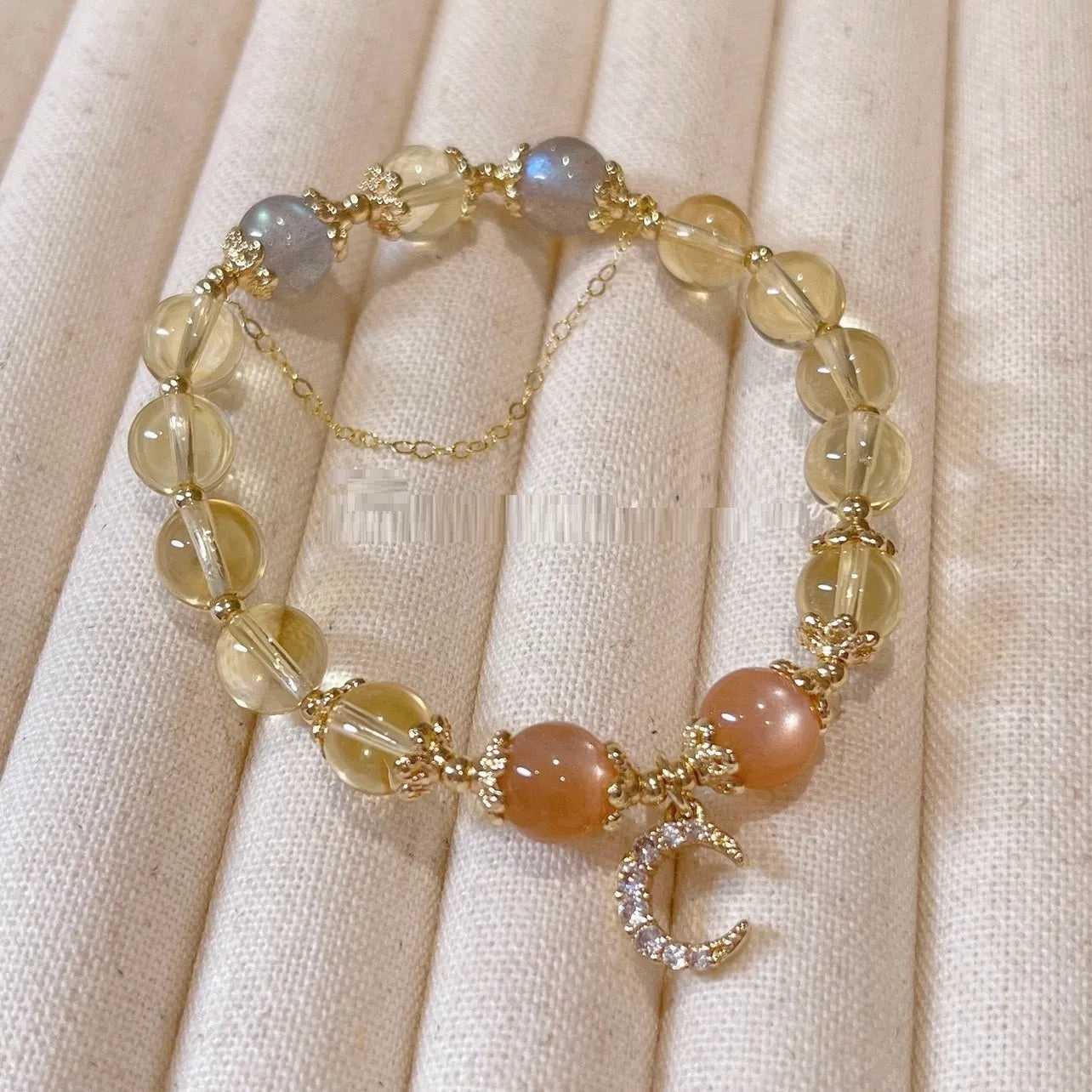 14K gold electroplated crystal bracelet with citrine moon stone and diamond-shaped charms in Chinese style
