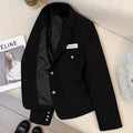 Black women's loose-fit suit coat with long sleeves and pockets for college and commute wear.