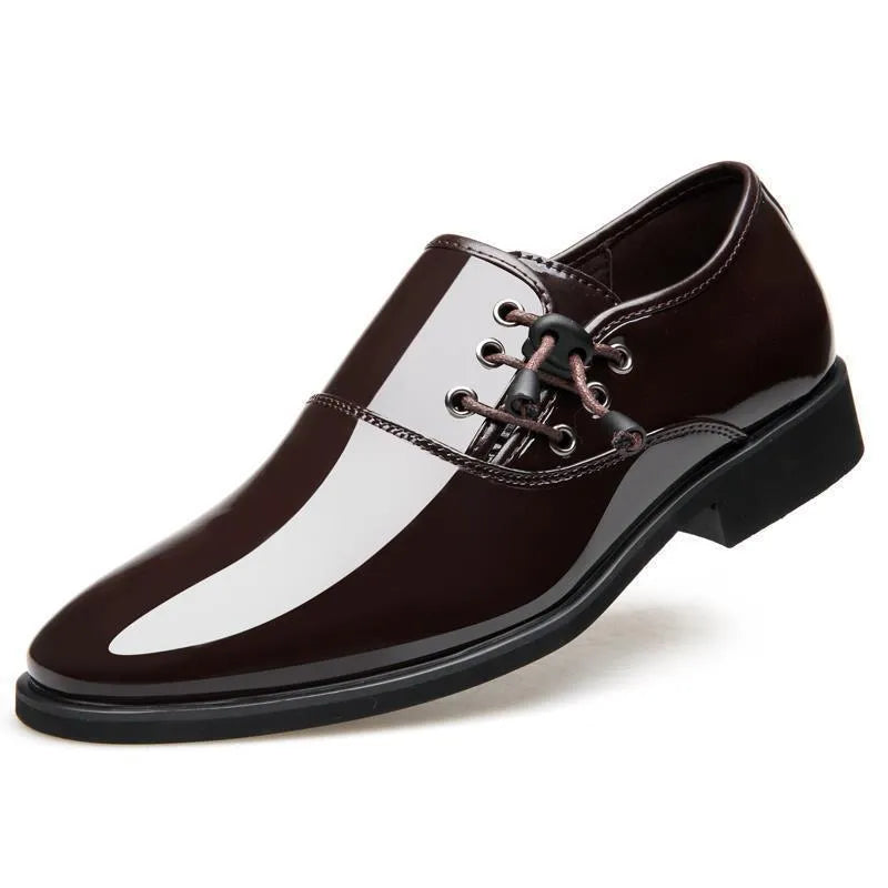 Men's black formal business shoes with artificial PU upper, rubber sole, square heel and round toe