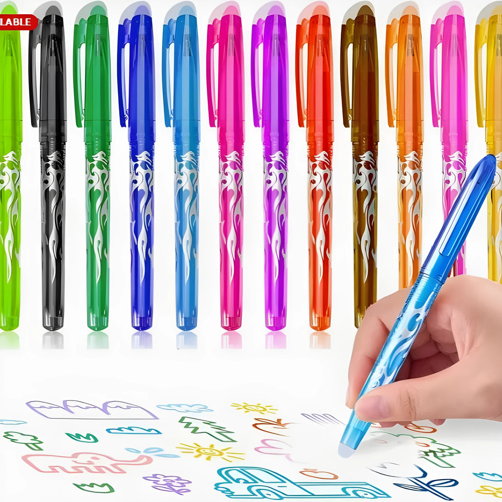 Pack of heat-erasable gel pens with plastic casings and stainless steel nibs in 0.5mm or 0.7mm sizes