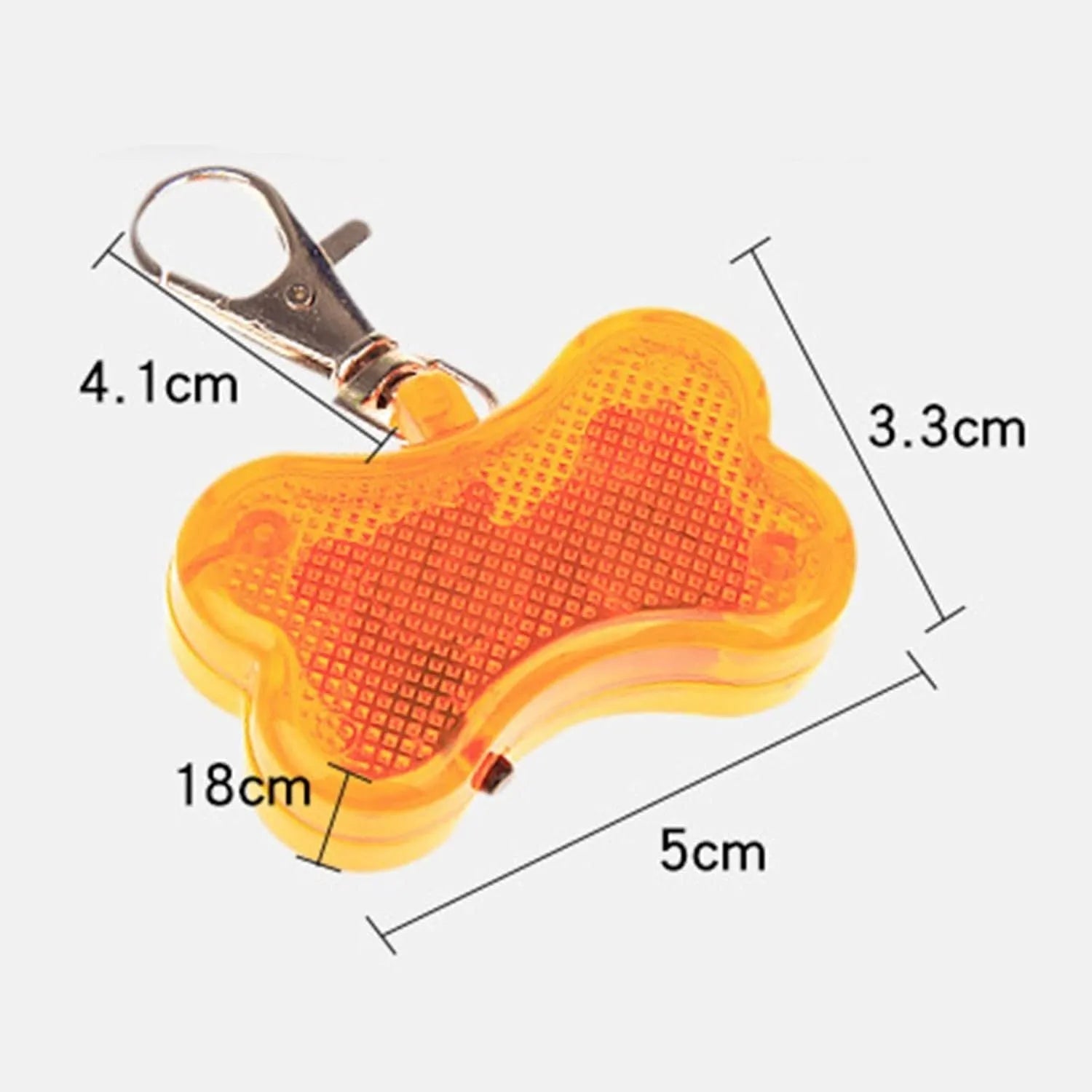 Bone-shaped LED luminous pendant for pet collars in multiple colours showing three light modes.