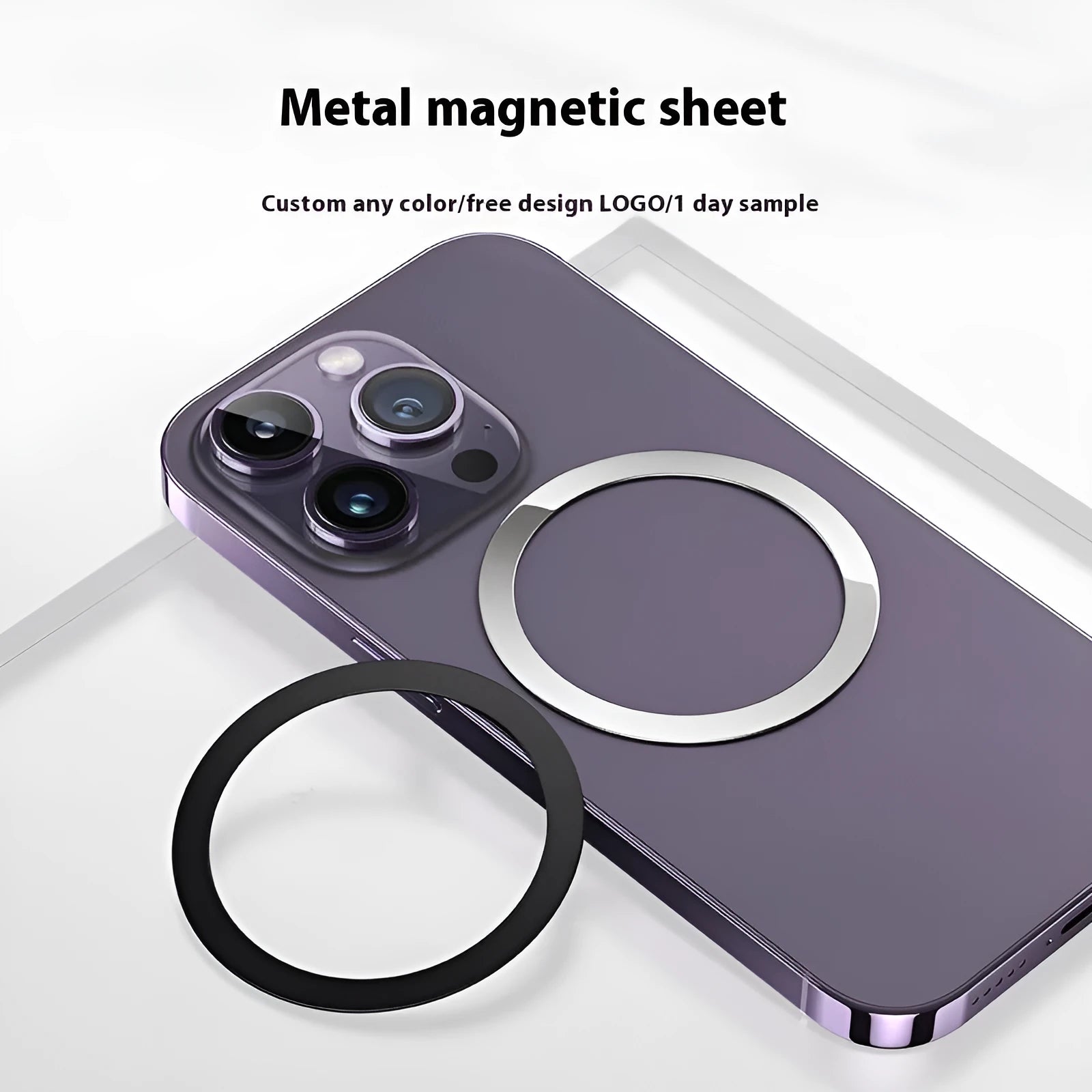 Magnetic ring phone holder in 430 stainless steel, 45x55x5mm, black finish on phone case