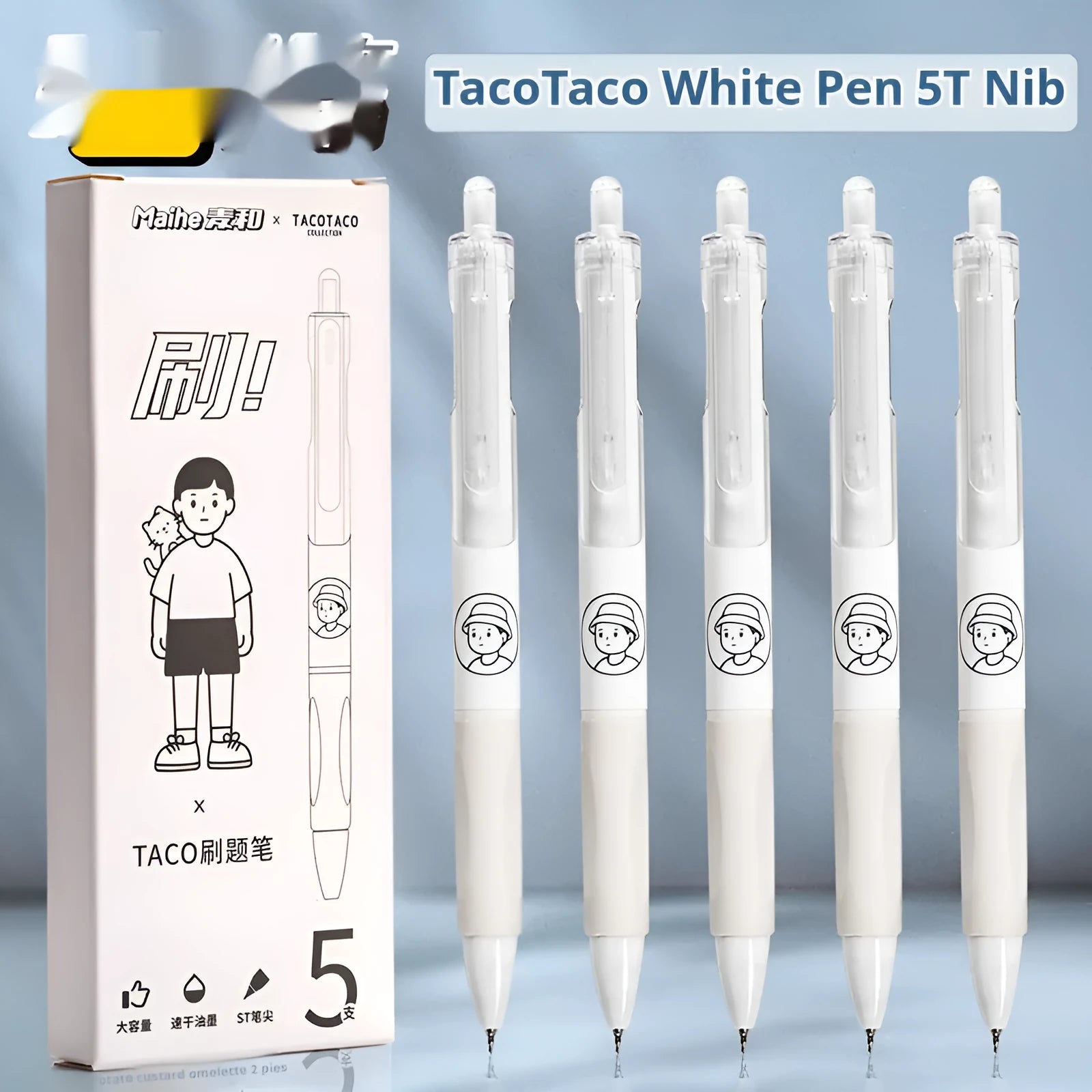 Five plastic ballpoint pens with 0.5mm tips and black ink for student writing