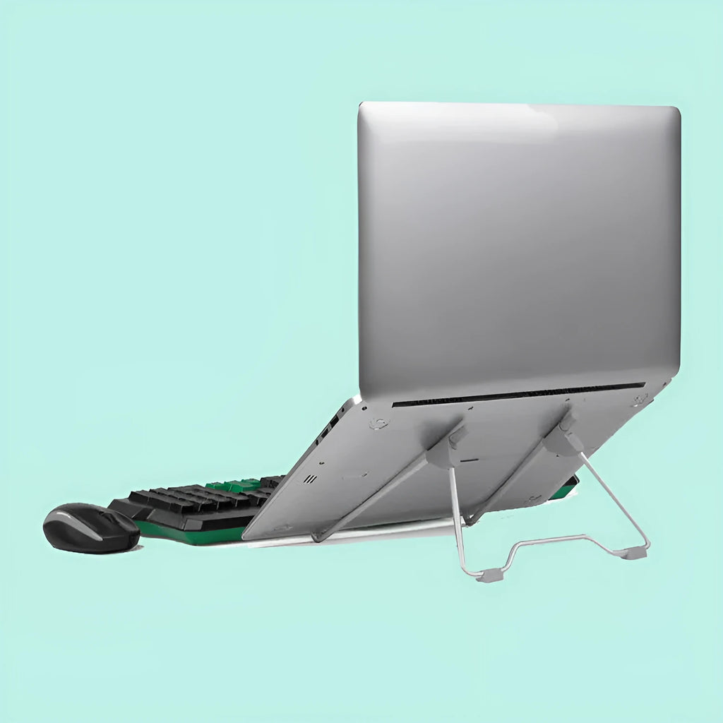Grey adjustable height laptop and mobile phone stand made from aluminium alloy and plastic on a desk